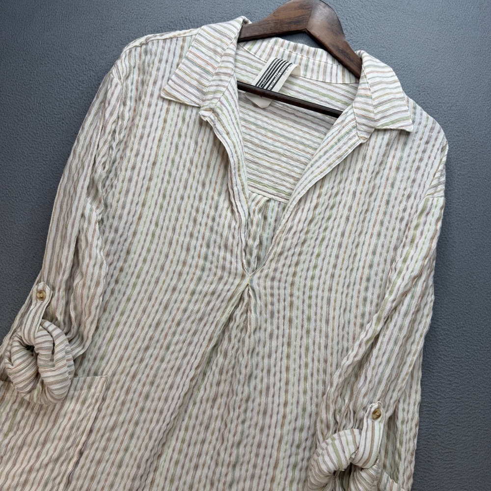 Free People Tunic Top Womens Medium Multicolor Linen Rayon Striped Roll Sleeve